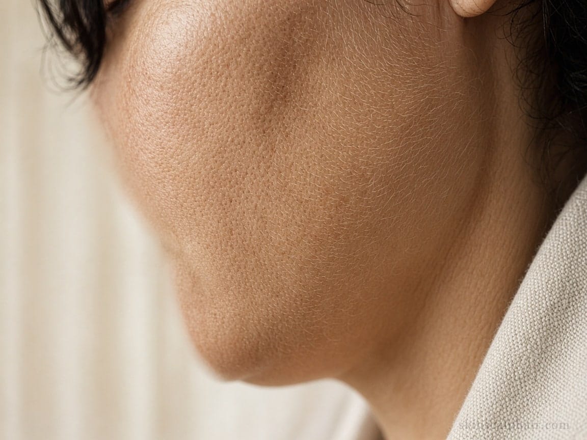 Before dermaplaning in Aventura: cheek with peach fuzz in soft cabinet light