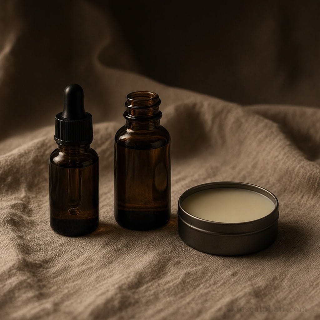 Demo evening repair kit with amber bottles and a balm