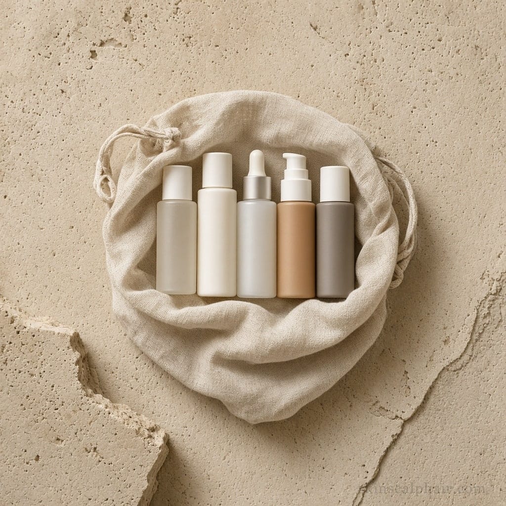 Demo travel kit of small facial and scalp care bottles