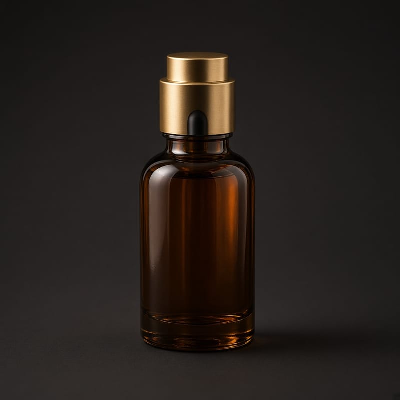 Amber dropper bottle of hair oil used in the Aventura cabinet