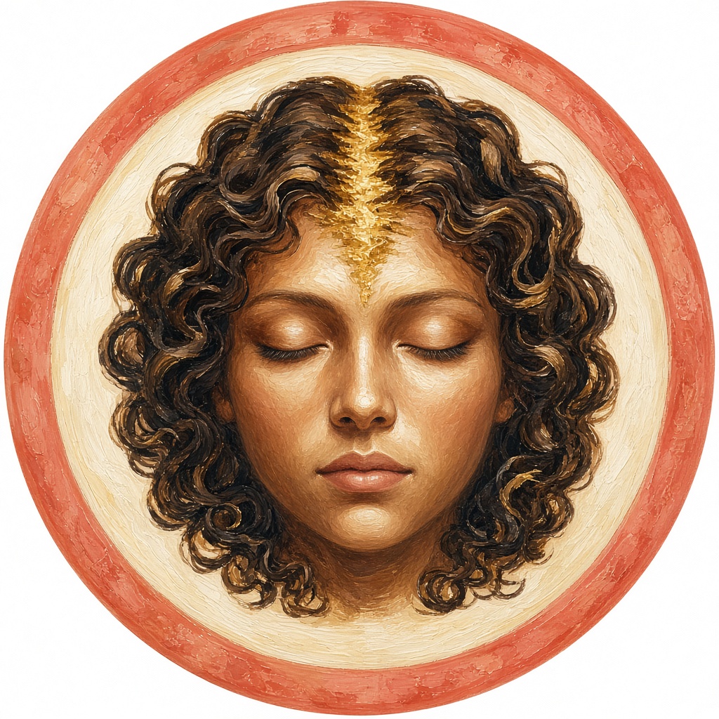 Painted circular mark: a face, a halo of hair, a golden scalp part