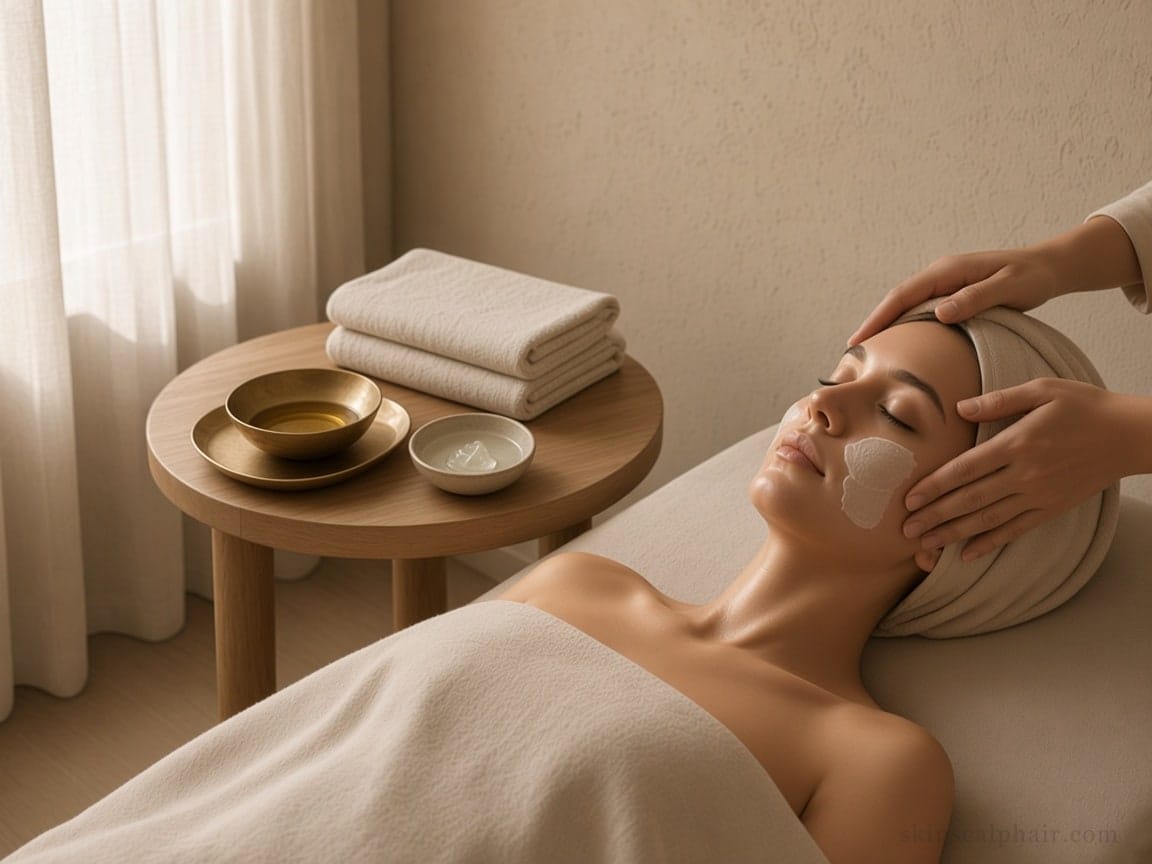 After-sun facial in Aventura: linen curtain light, ceramic bowl, calm hydrated skin