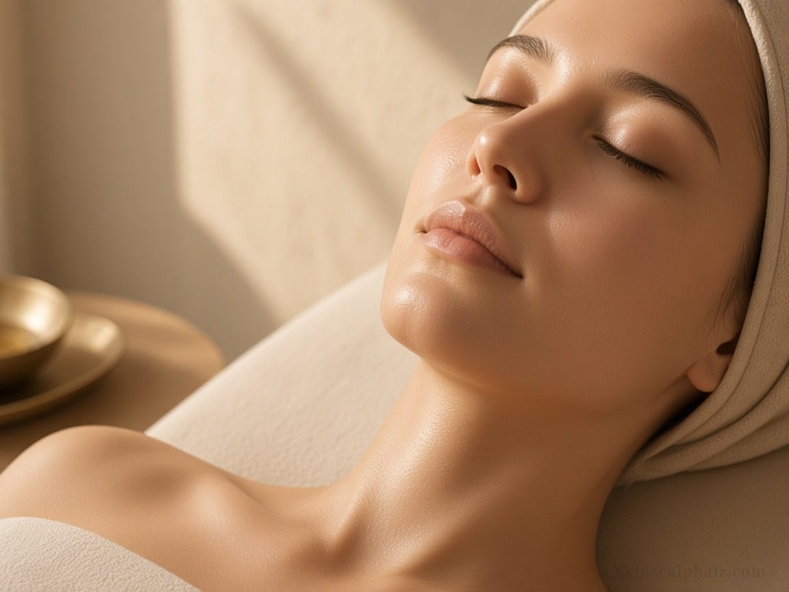 Radiance facial: dewy skin in warm cabinet light after massage and care