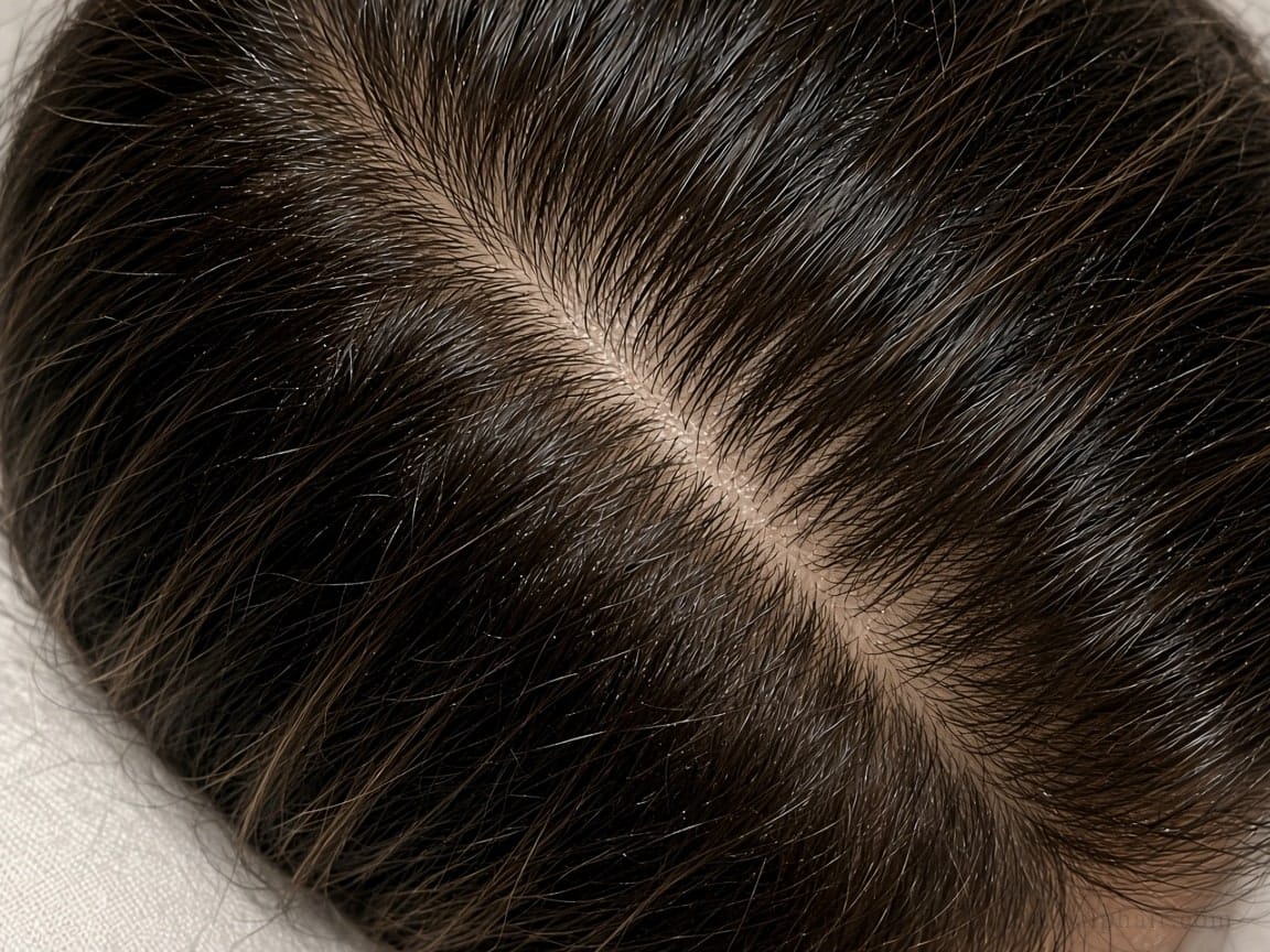 After cosmetic scalp care in Aventura: same dark part, a little cleaner that day, not denser hair