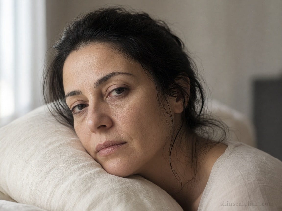 Before a Radiance facial in Aventura: tired under-eyes and dull skin in cream linen light