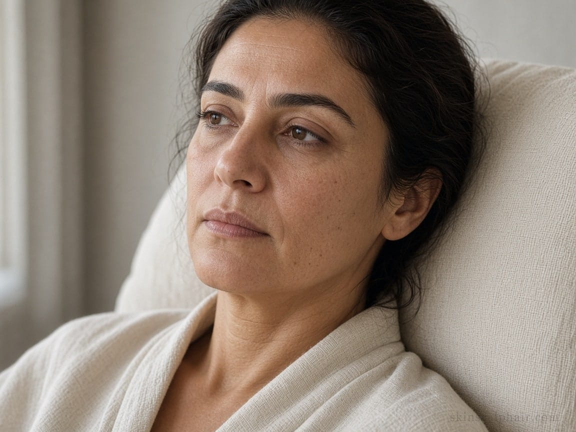 Before a Reset facial in Aventura: close-up of a tired face in cream linen light