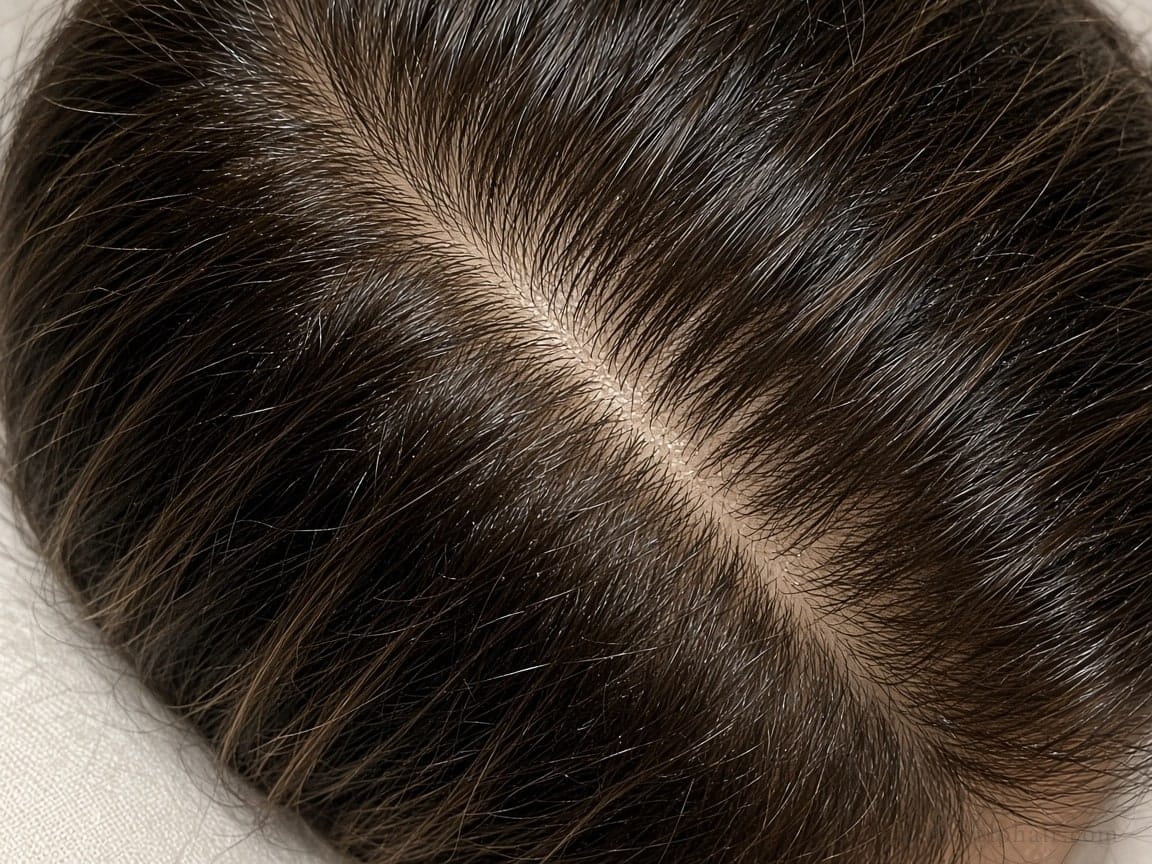 Before cosmetic scalp care in Aventura: close view of a dark hair part