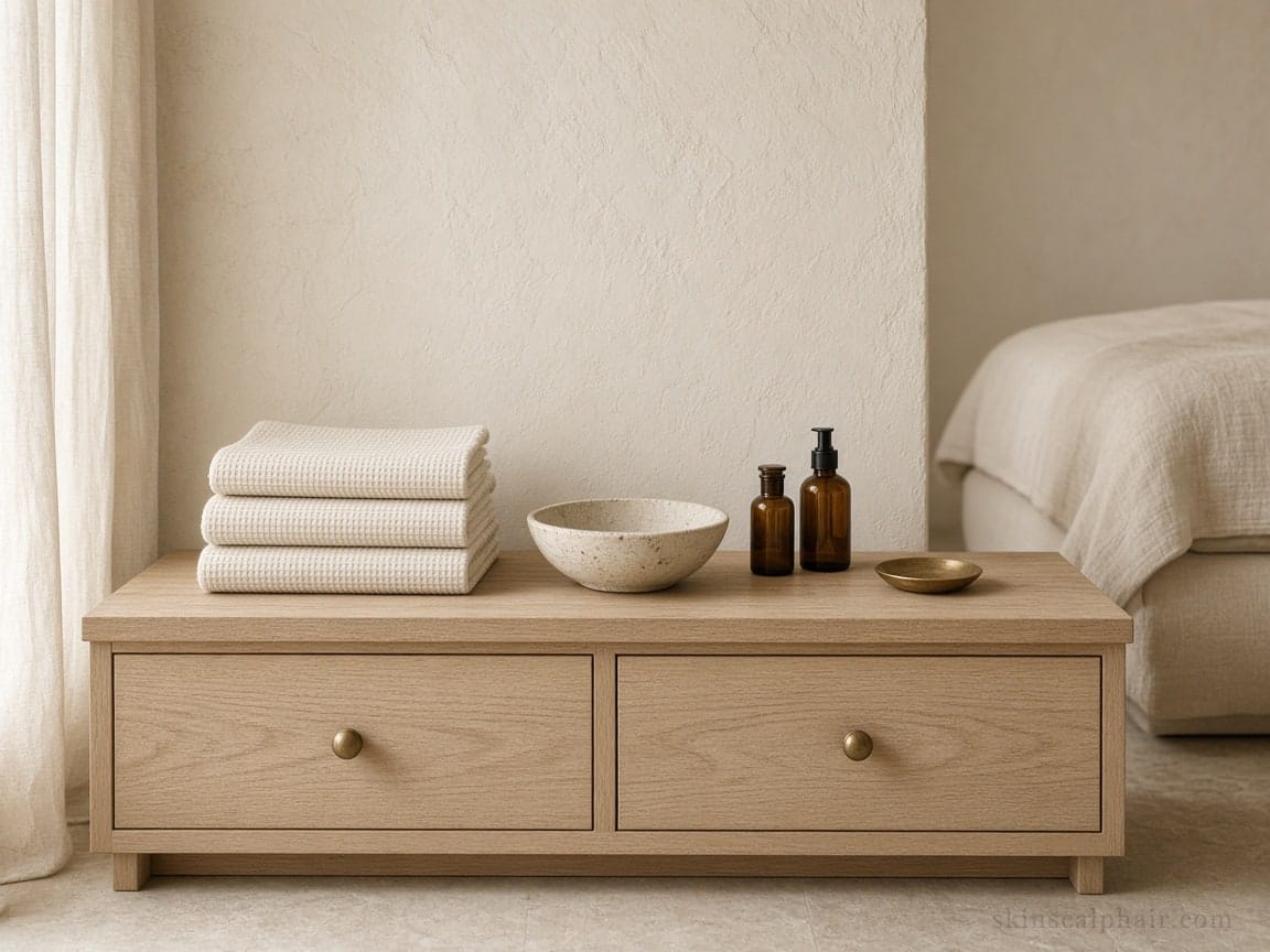 Oak console with towels and bottles in the SKIN. SCALP. HAIR. cabinet in Aventura