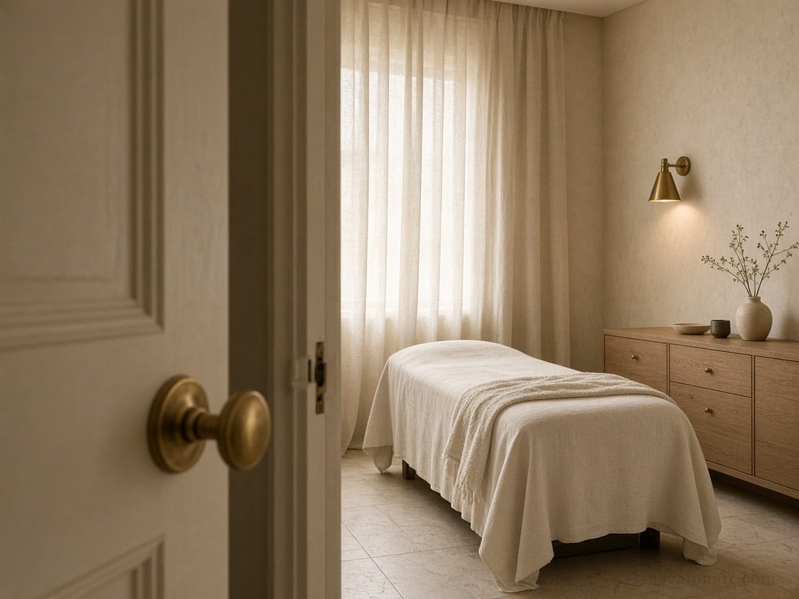 Door of the quiet treatment room before a first visit in Aventura