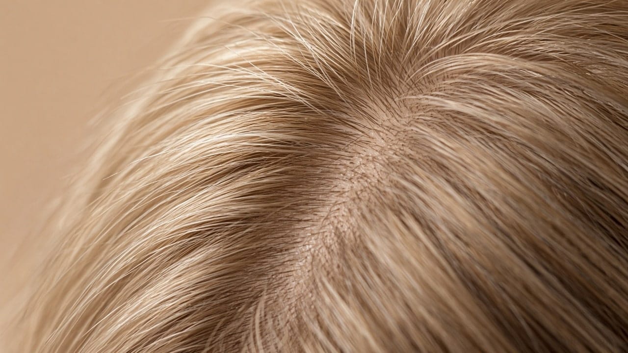 Close view of a scalp parting during a cosmetic scalp consultation