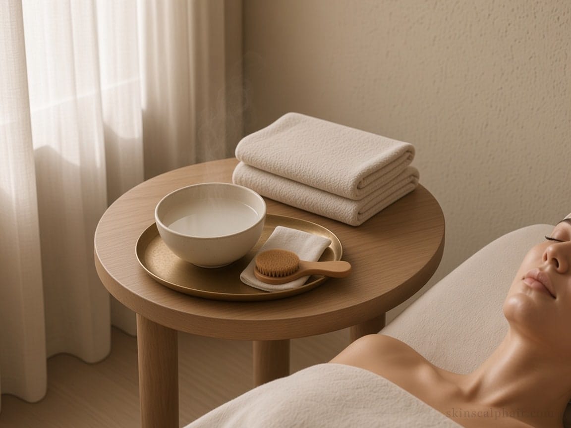 Gentle enzyme peel still life: cream ceramic bowl, brush, and linen in Aventura