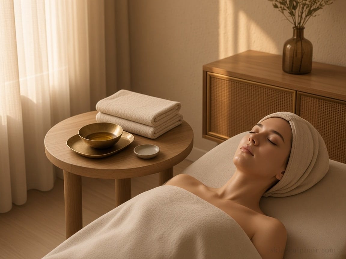 Short evening facial in Aventura before dinner: cream linen, brass bowl, calm face