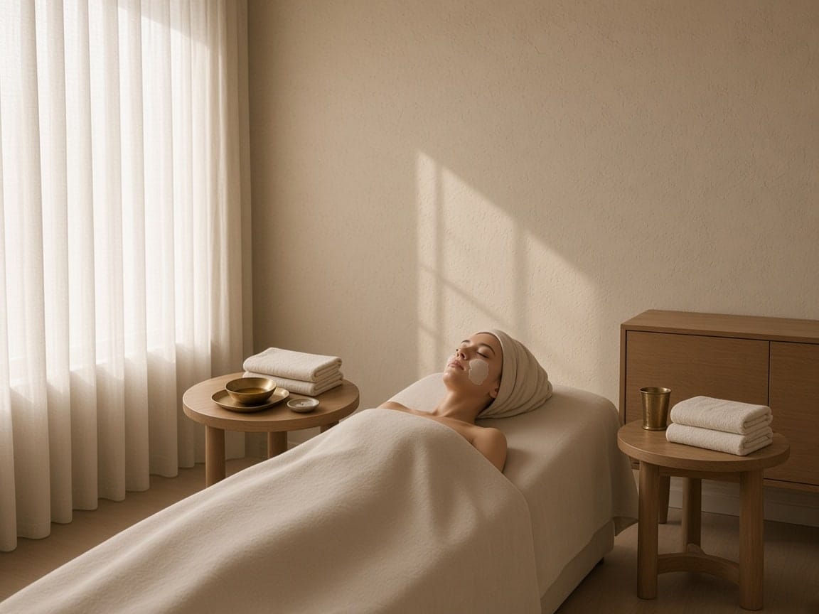 Quiet ninety-minute facial: empty cream bed, extra linen, and a brass cup