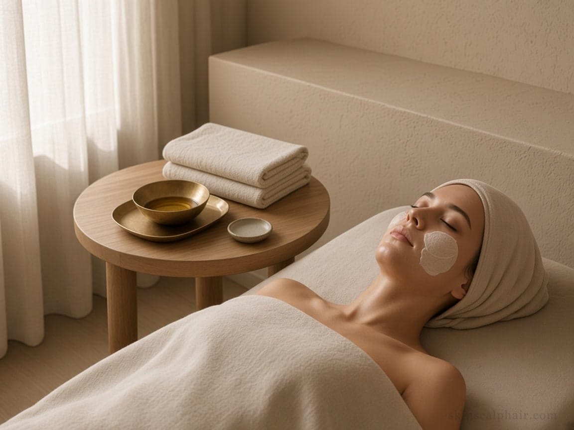 Reset facial in Aventura: rest on cream linen beside a brass oil bowl