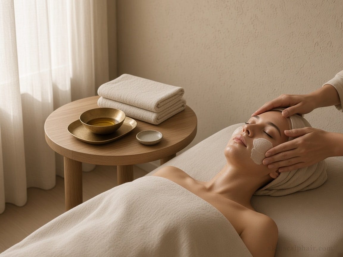 Facial ritual in Aventura: cream on the face, brass oil bowl, and linen in a quiet cabinet