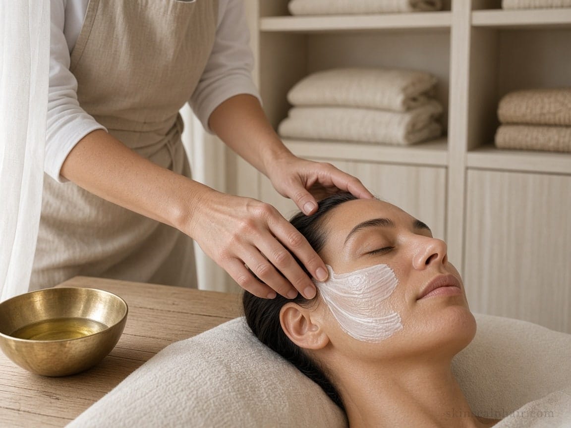 Hands applying cream during a facial ritual in the Aventura cabinet