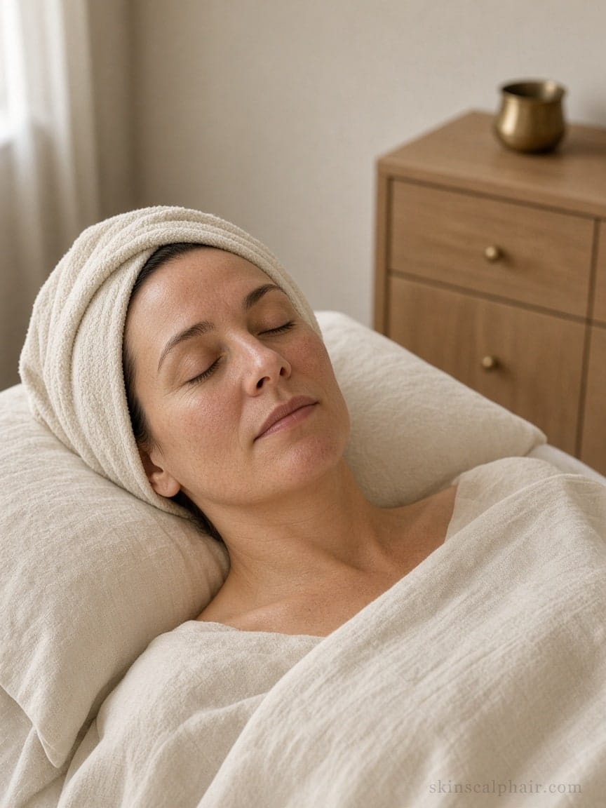 Resting on cream linen after facial care in Aventura