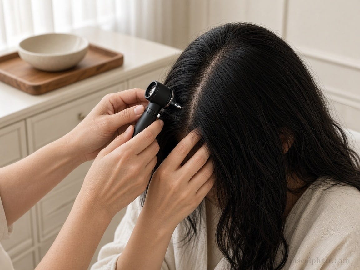 Closer look at the scalp during a trichology visit in Aventura