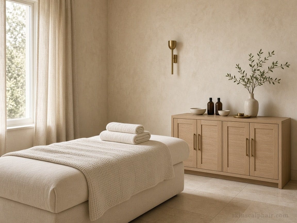 Quiet cream treatment room for facial care in Aventura, linen bed and oak cabinet