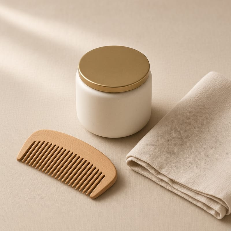 Still life for choosing care: cream jar, wooden comb, and linen in Aventura
