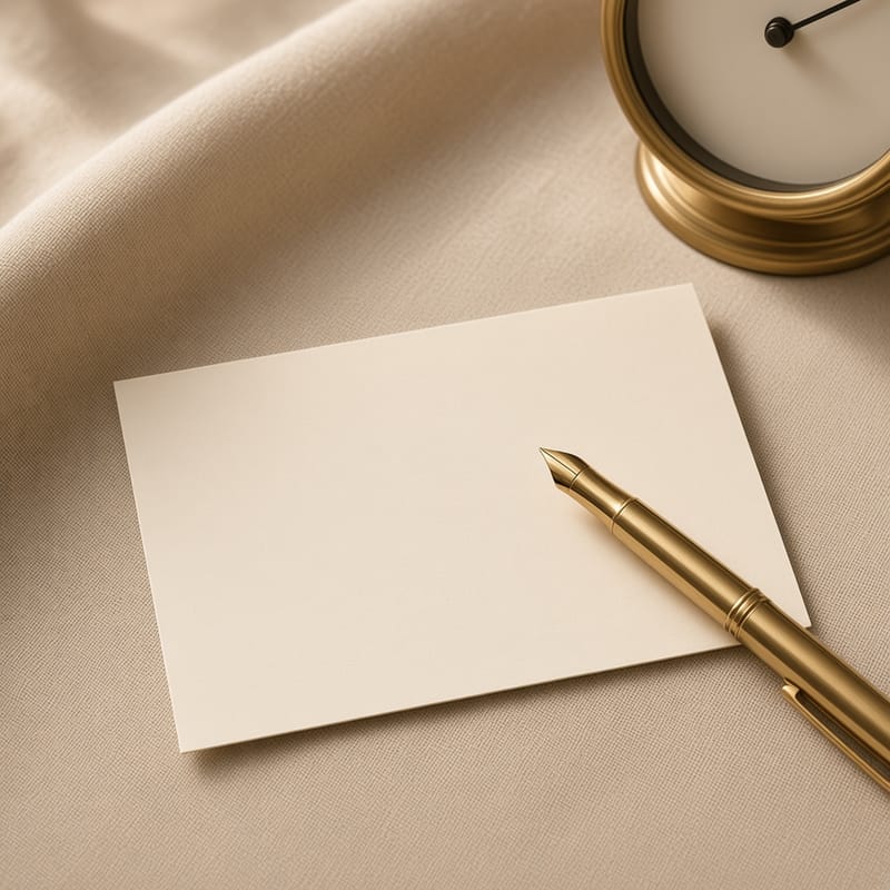 Still life for booking a visit: cream card, brass pen, and a small clock