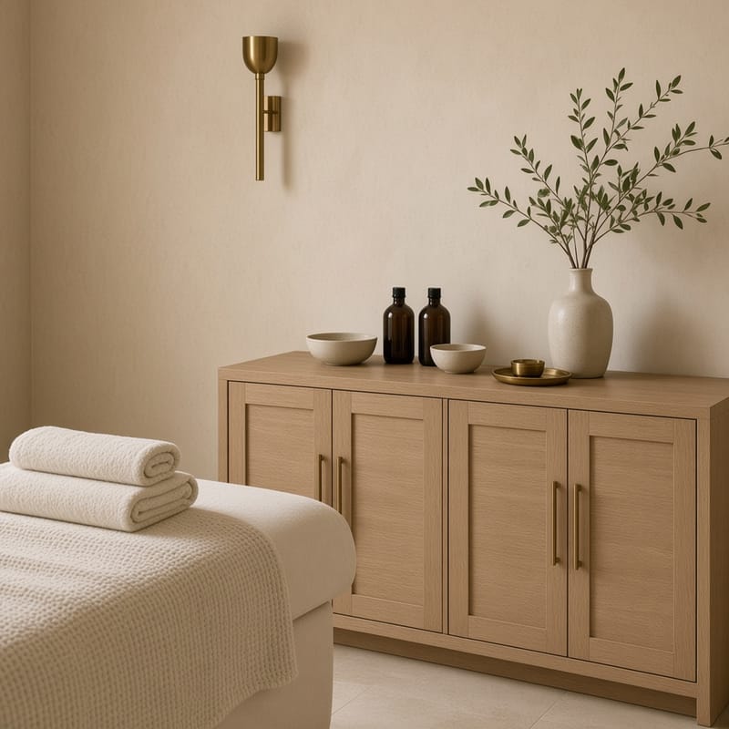 Quiet cabinet still life: folded towels and a brass bowl on the treatment bed