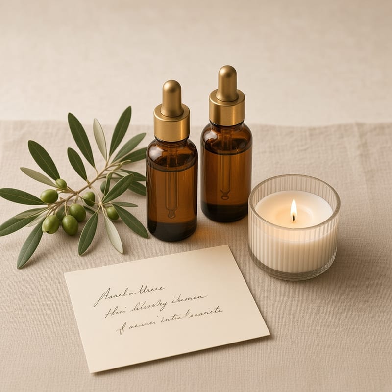 Home-care still life: handwritten note and small amber bottles on linen